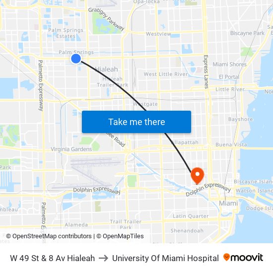 W 49 St & 8 Av Hialeah to University Of Miami Hospital map