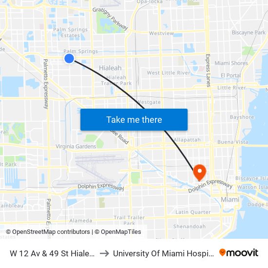 W 12 Av & 49 St Hialeah to University Of Miami Hospital map