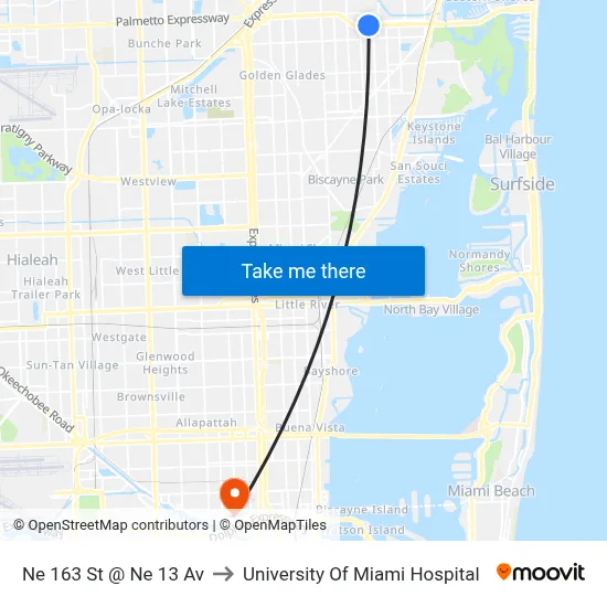 Ne 163 St @ Ne 13 Av to University Of Miami Hospital map