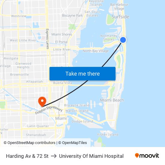 Harding Av & 72 St to University Of Miami Hospital map