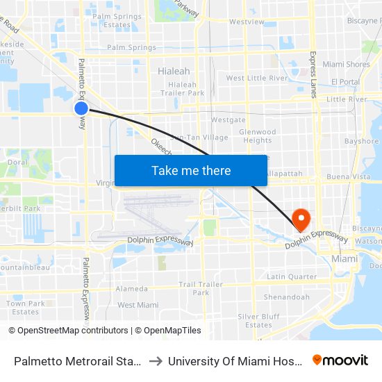 Palmetto Metrorail Station to University Of Miami Hospital map