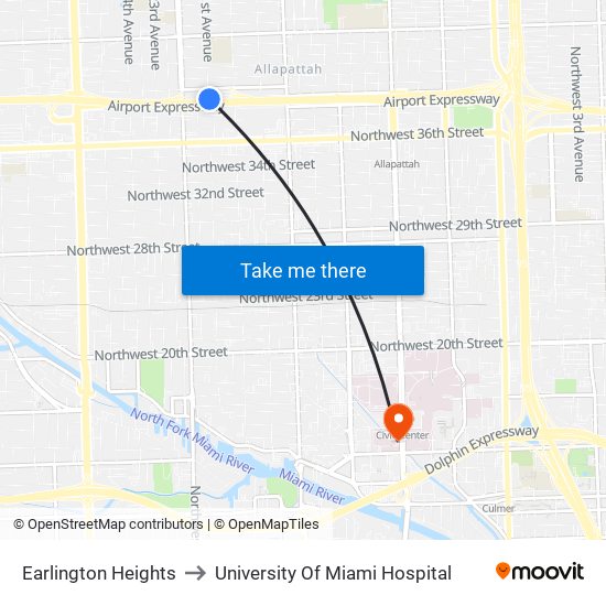 Earlington Heights to University Of Miami Hospital map