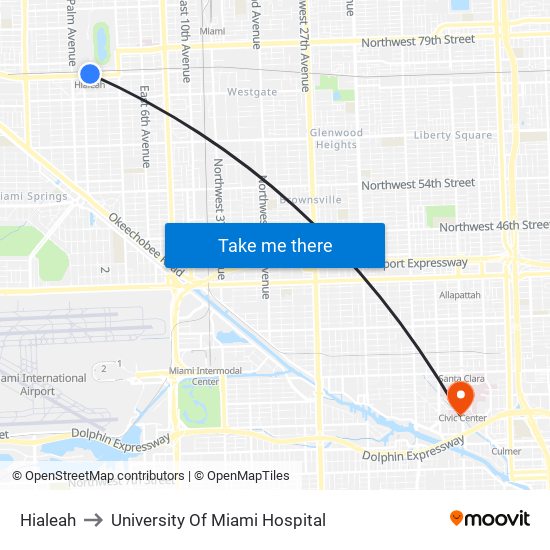 Hialeah to University Of Miami Hospital map