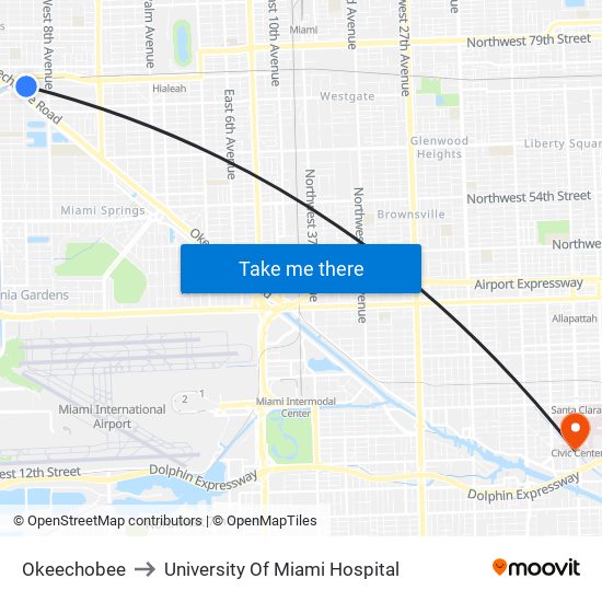 Okeechobee to University Of Miami Hospital map