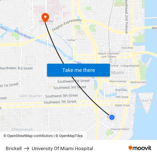 Brickell to University Of Miami Hospital map