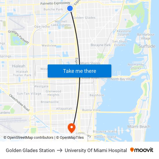 Golden Glades Station to University Of Miami Hospital map