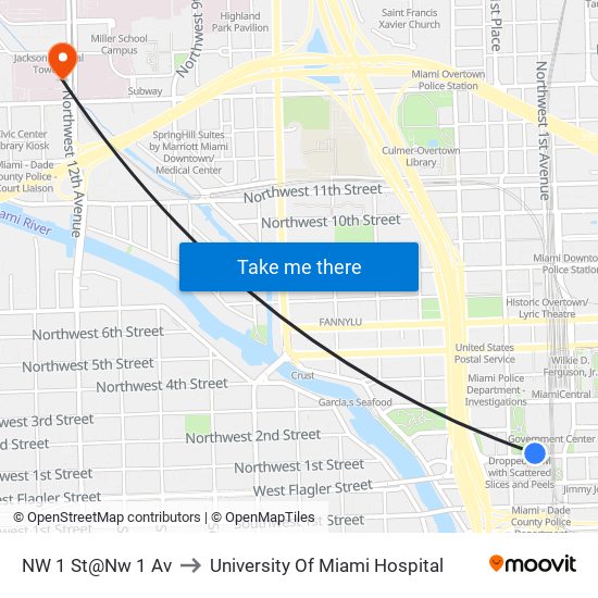 NW 1 St@Nw 1 Av to University Of Miami Hospital map