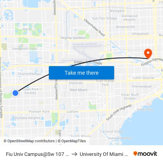 Fiu Univ Campus@Sw 107 Av-17 St to University Of Miami Hospital map