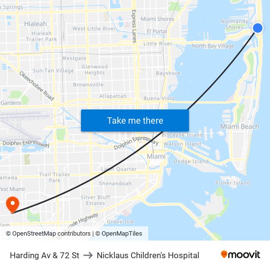 Harding Av & 72 St to Nicklaus Children's Hospital map