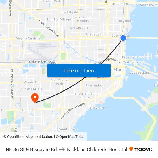 NE 36 St & Biscayne Bd to Nicklaus Children's Hospital map