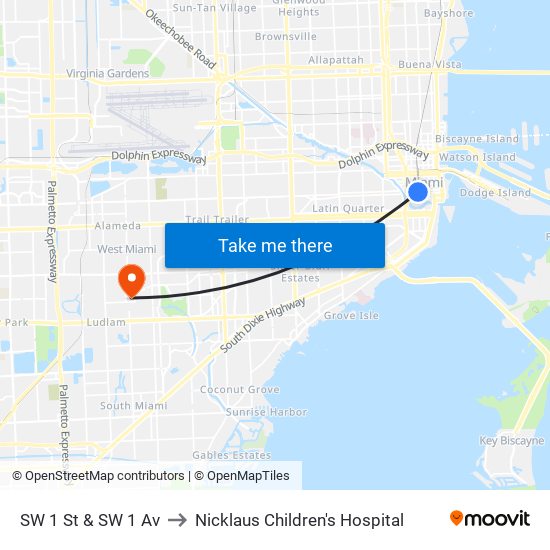 SW 1 St & SW 1 Av to Nicklaus Children's Hospital map