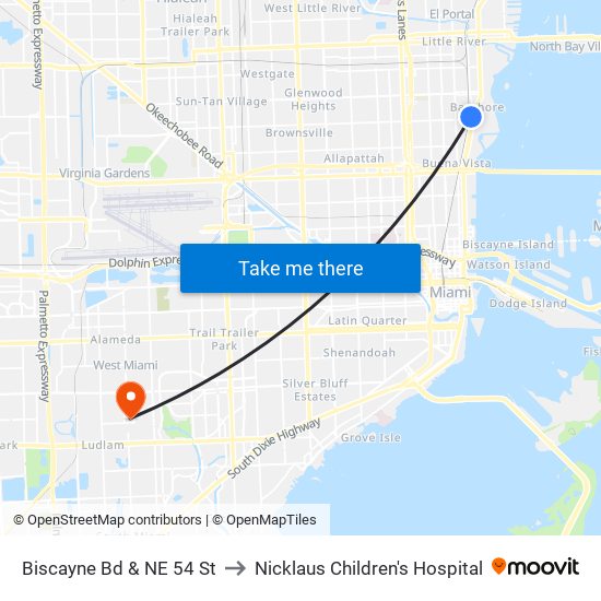 Biscayne Bd & NE 54 St to Nicklaus Children's Hospital map