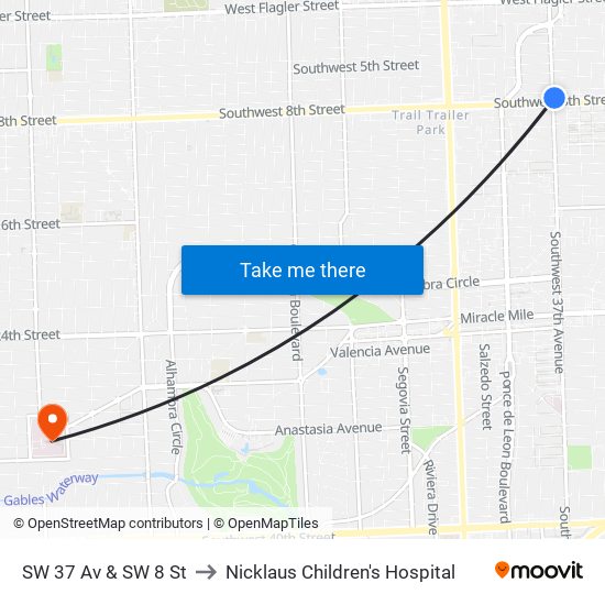 SW 37 Av & SW 8 St to Nicklaus Children's Hospital map