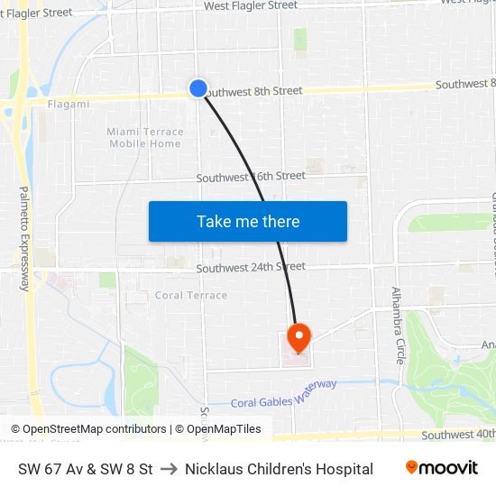 SW 67 Av & SW 8 St to Nicklaus Children's Hospital map