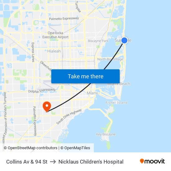 Collins Av & 94 St to Nicklaus Children's Hospital map