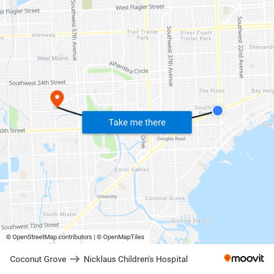 Coconut Grove to Nicklaus Children's Hospital map