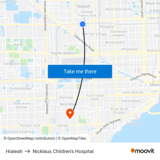 Hialeah to Nicklaus Children's Hospital map