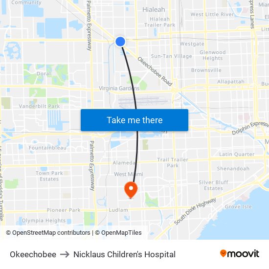 Okeechobee to Nicklaus Children's Hospital map