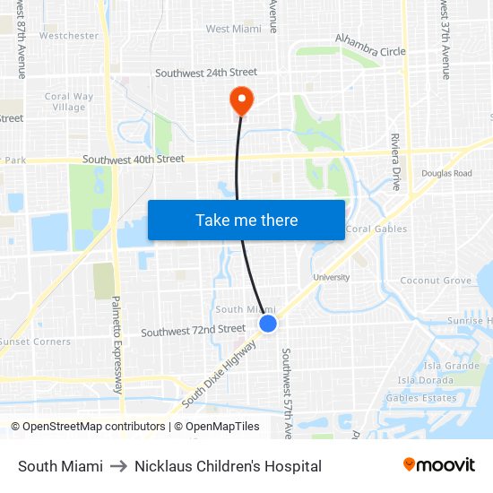 South Miami to Nicklaus Children's Hospital map