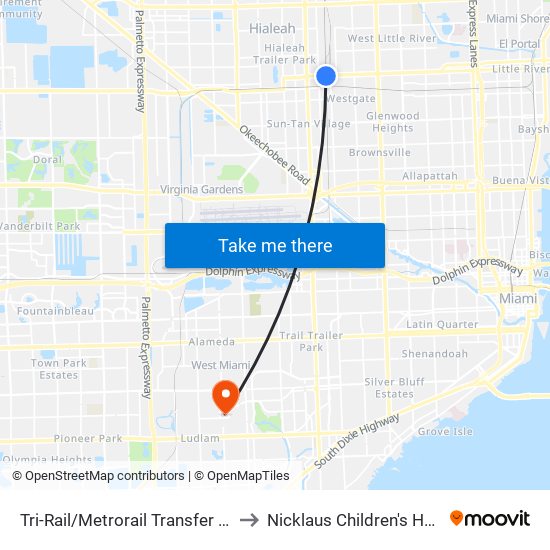 Tri-Rail/Metrorail Transfer Station to Nicklaus Children's Hospital map