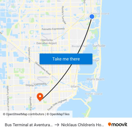 Bus Terminal at Aventura Mall to Nicklaus Children's Hospital map