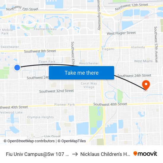 Fiu Univ Campus@Sw 107 Av-17 St to Nicklaus Children's Hospital map