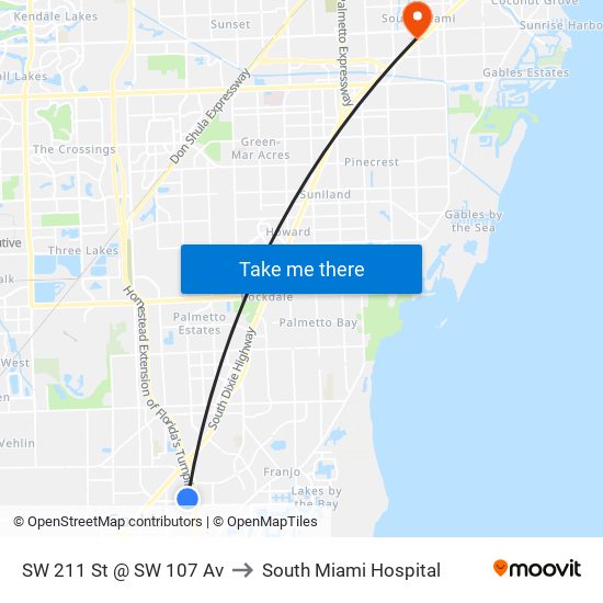 SW 211 St @ SW 107 Av to South Miami Hospital map