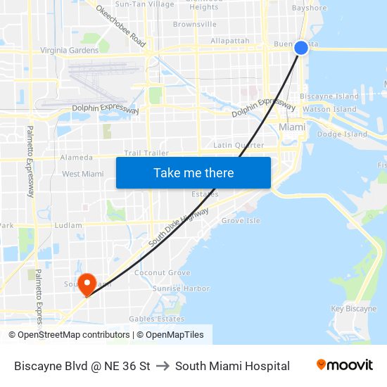 Biscayne Blvd @ NE 36 St to South Miami Hospital map