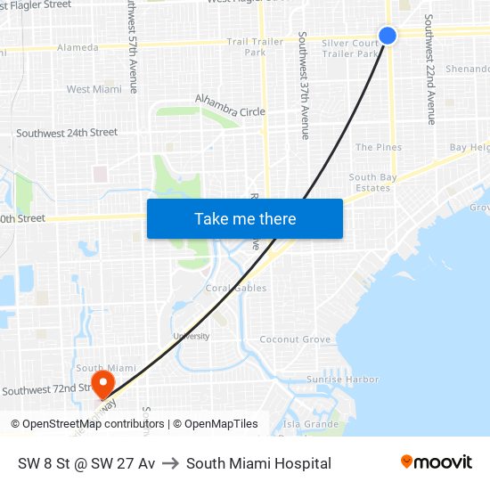 SW 8 St @ SW 27 Av to South Miami Hospital map