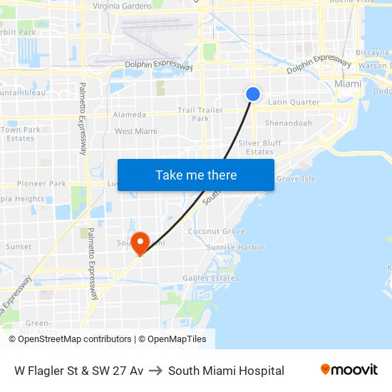W Flagler St & SW 27 Av to South Miami Hospital map