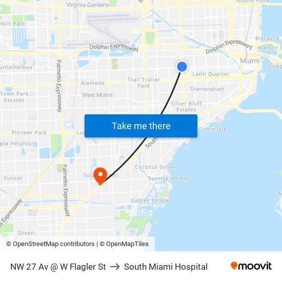 NW 27 Av @ W Flagler St to South Miami Hospital map