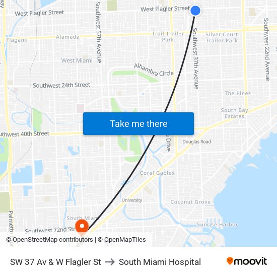 SW 37 Av & W Flagler St to South Miami Hospital map