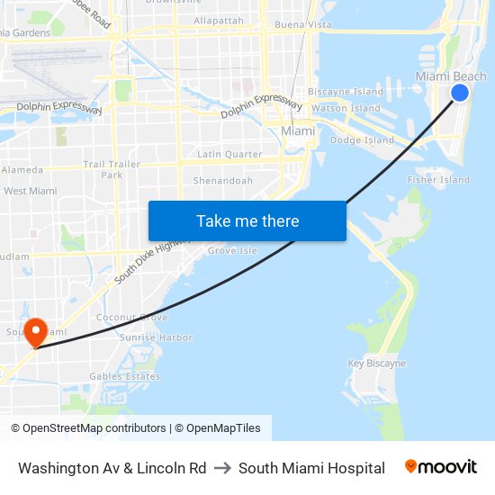 Washington Av & Lincoln Rd to South Miami Hospital map