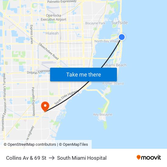 Collins Av & 69 St to South Miami Hospital map