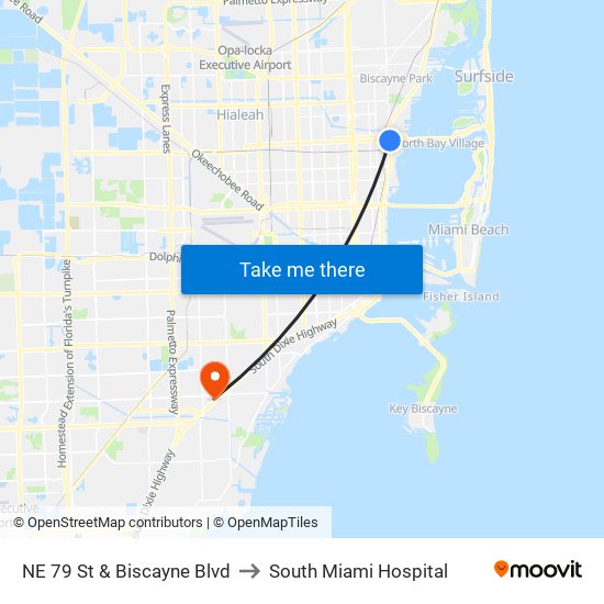 NE 79 St & Biscayne Blvd to South Miami Hospital map