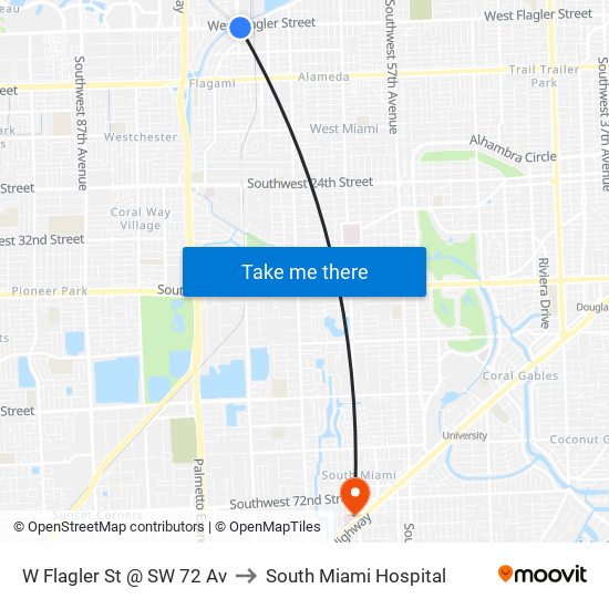 W Flagler St @ SW 72 Av to South Miami Hospital map