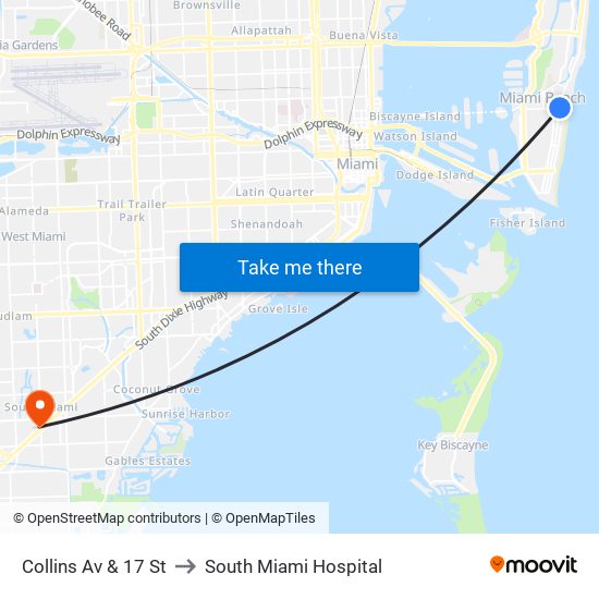 Collins Av & 17 St to South Miami Hospital map