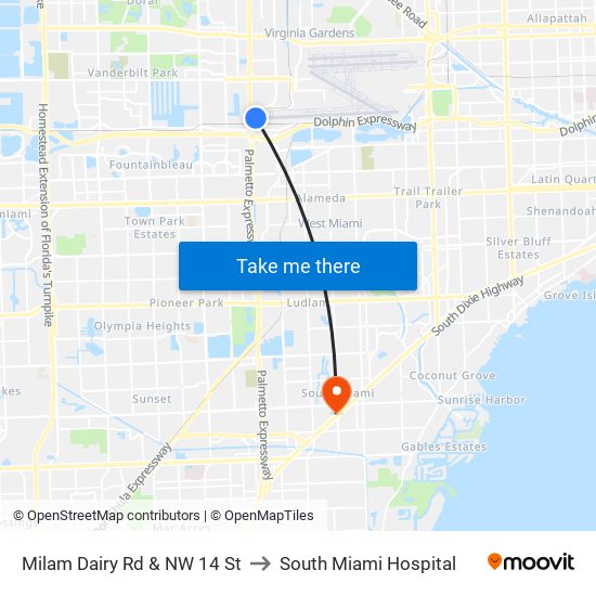 Milam Dairy Rd & NW 14 St to South Miami Hospital map