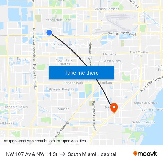 NW 107 Av & NW 14 St to South Miami Hospital map