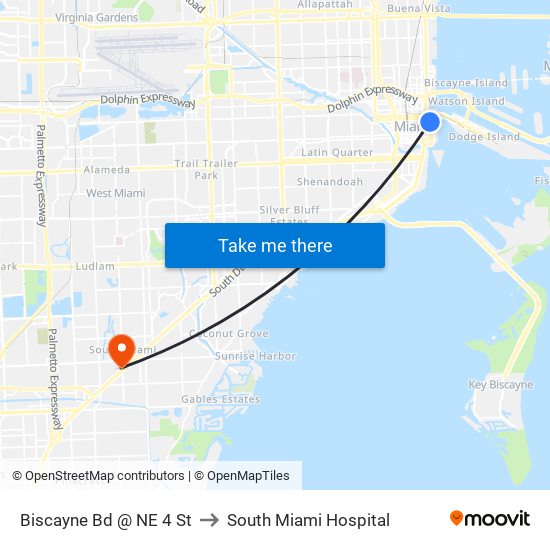 Biscayne Bd @ NE 4 St to South Miami Hospital map