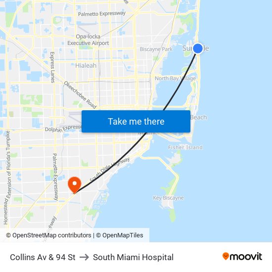 Collins Av & 94 St to South Miami Hospital map