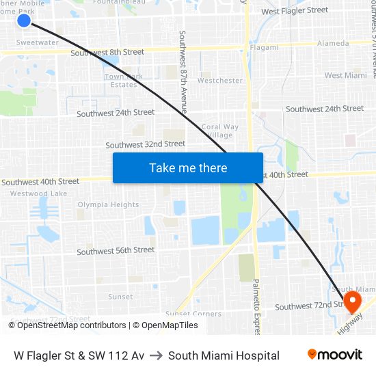 W Flagler St & SW 112 Av to South Miami Hospital map