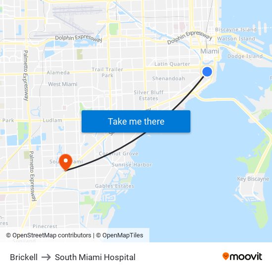 Brickell to South Miami Hospital map