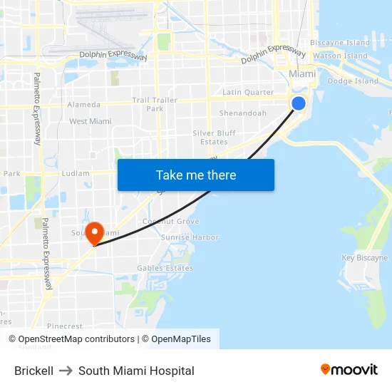 Brickell to South Miami Hospital map