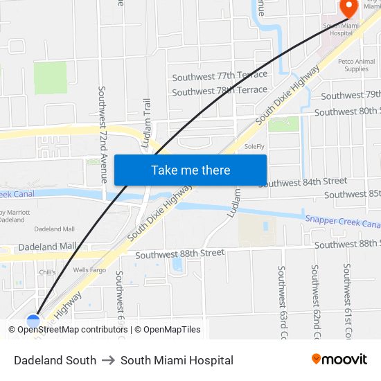 Dadeland South to South Miami Hospital map