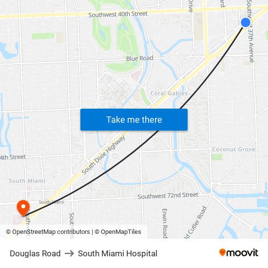 Douglas Road to South Miami Hospital map