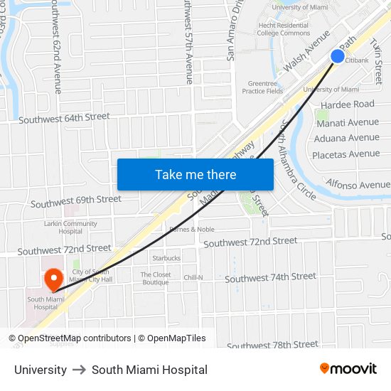 University to South Miami Hospital map