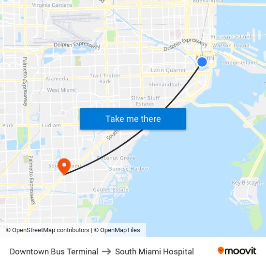 Downtown Bus Terminal to South Miami Hospital map