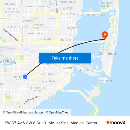 SW 37 Av & SW 8 St to Mount Sinai Medical Center map