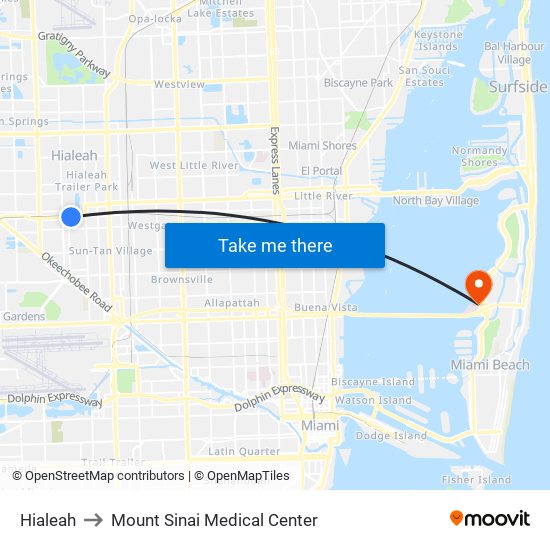 Hialeah to Mount Sinai Medical Center map